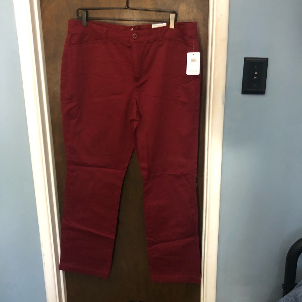 Burgundy St. John’s Bay straight legged jeans. Size 16.
